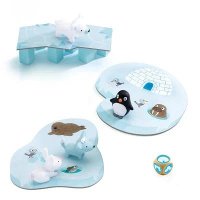 Arctic-themed toddler board game featuring wooden polar animals, an ice bridge, ice floes, and a colorful die.