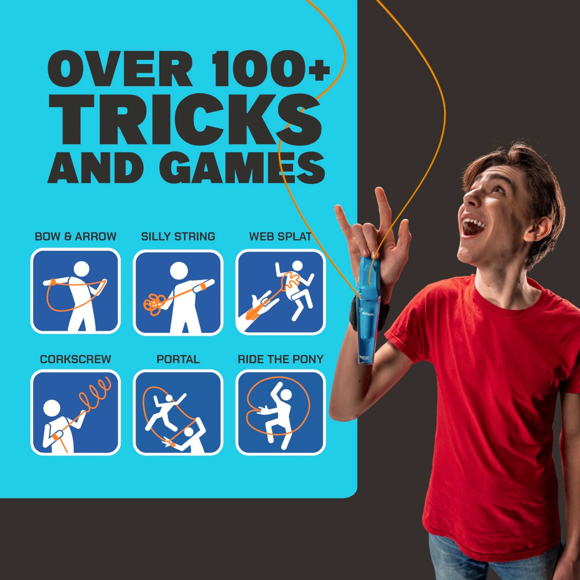 Teenager uses a blue wrist device to shoot glowing orange string. Graphic lists 100+ tricks with six illustrated icons.