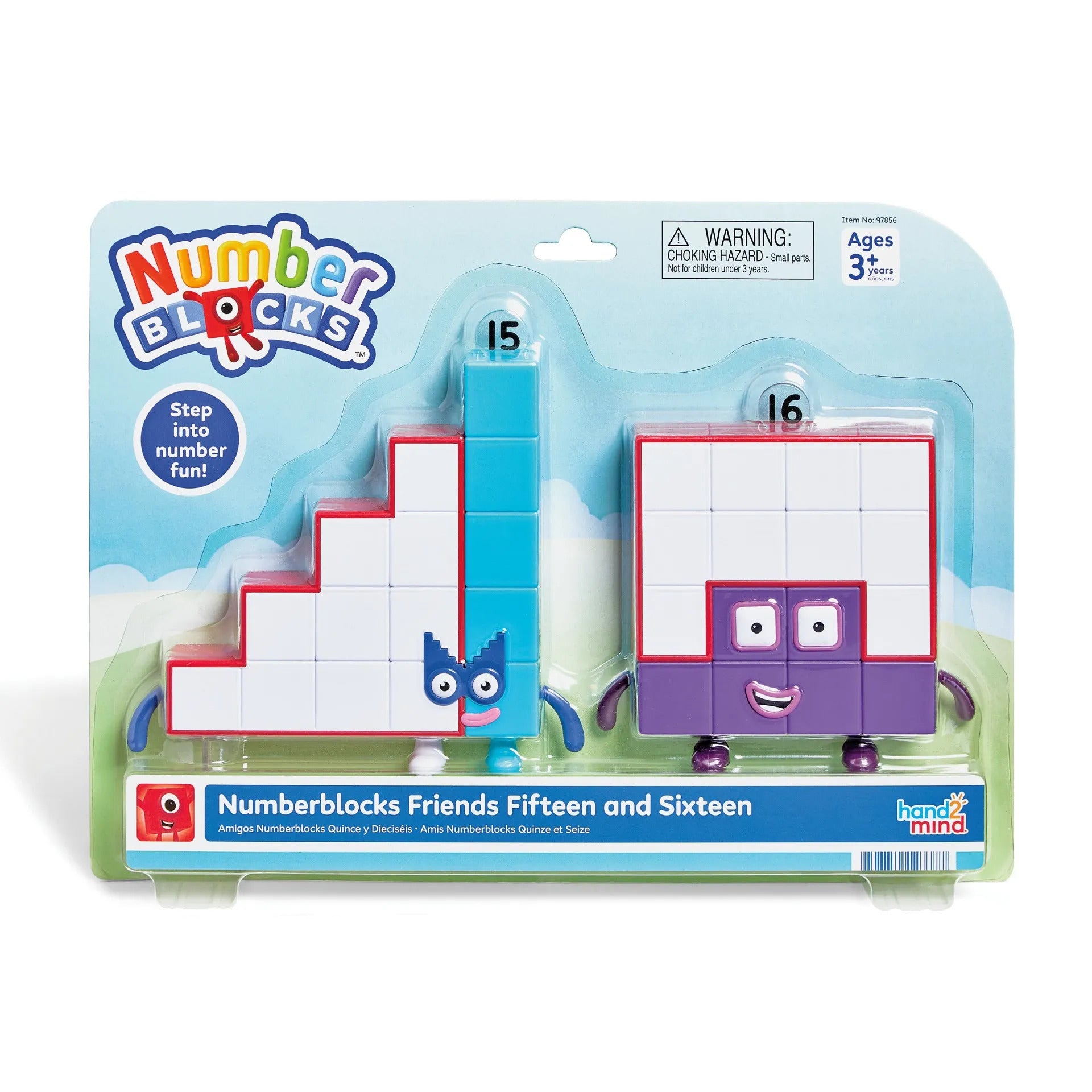 Numberblocks Fifteen and Sixteen plastic figures in blue retail packaging with a step and square design.