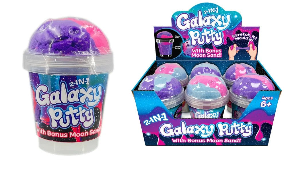 A tub of purple Galaxy Putty with a Moon Sand topper alongside a colourful cosmic display box.