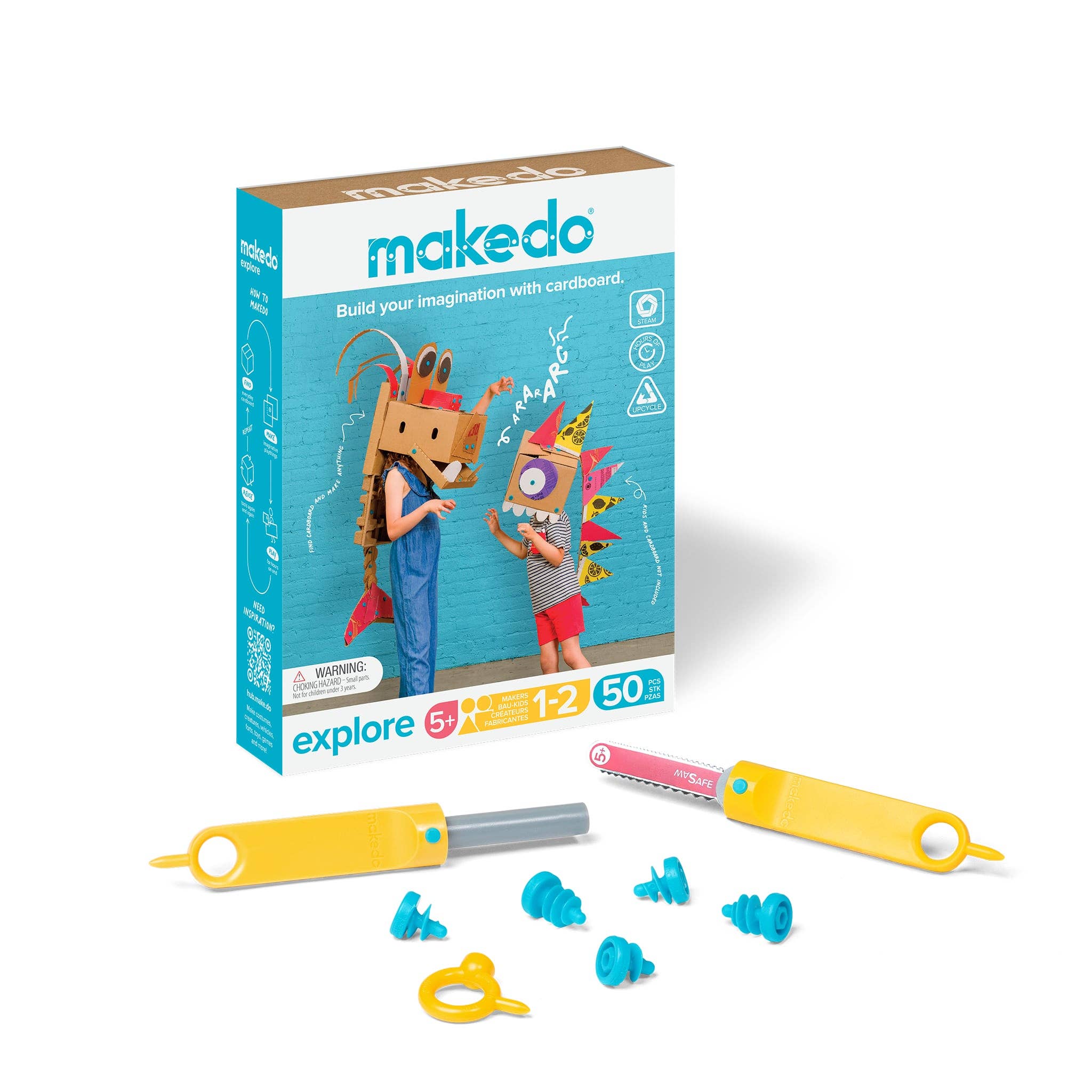 Blue and yellow kit box showing kids in cardboard costumes, with a yellow safe saw, punch tool, and blue screws.