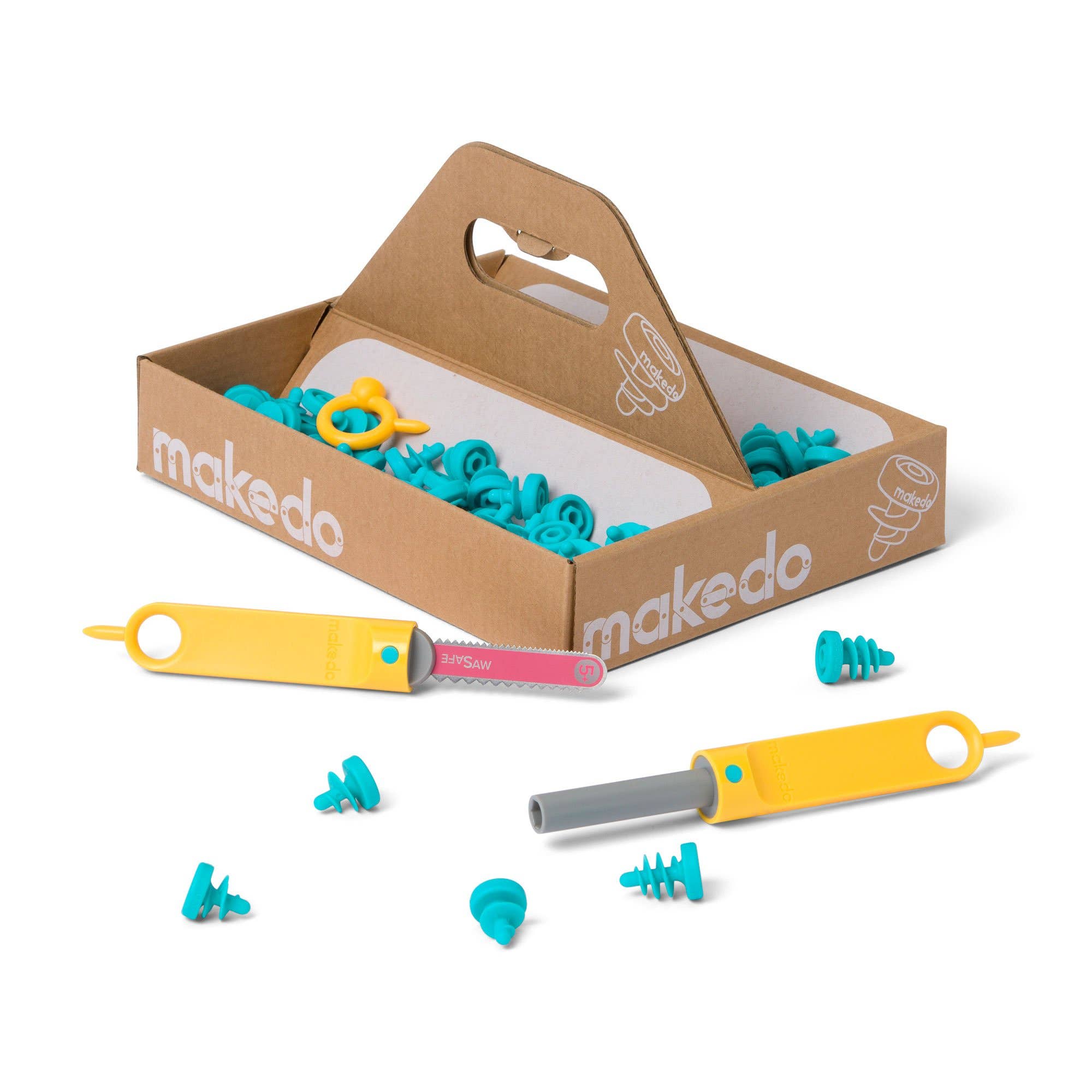 Cardboard tool kit featuring a yellow saw, punch tool, and blue plastic screws in a cardboard carrier.