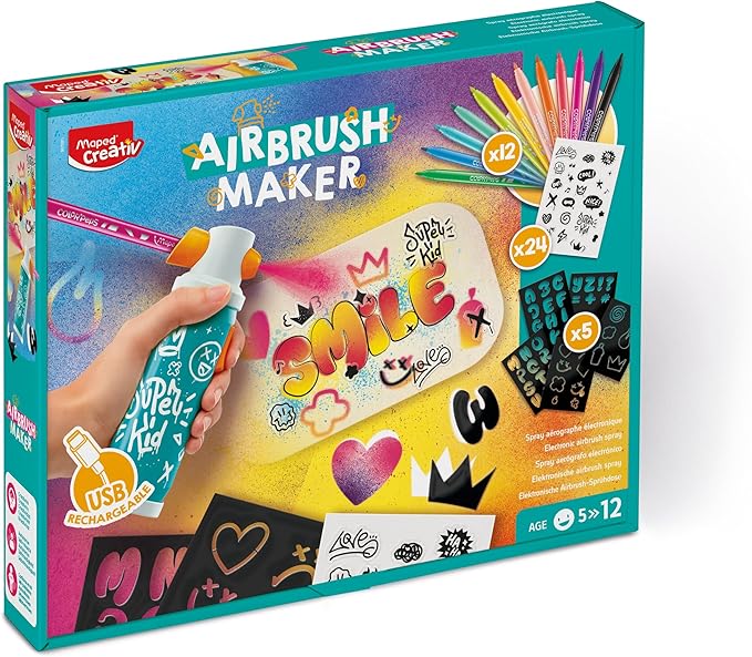 Teal toy box showing a hand using a rechargeable airbrush spray, with 12 colorful markers, stencils, and graffiti art.