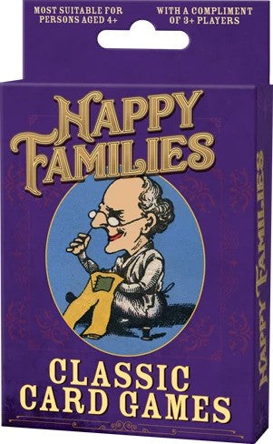 Purple box for the Happy Families card game featuring a vintage illustration of a tailor sewing yellow trousers.