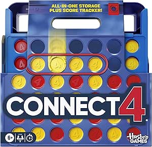 Blue Connect 4 grid game with red and yellow discs, featuring built-in score trackers and the Hasbro Games logo.