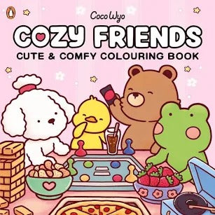 Pink cover of the Cozy Friends colouring book featuring a bear, frog, dog, and chick playing a board game.