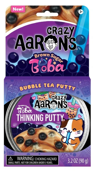 Crazy Aaron's Brown Sugar Boba Thinking Putty packaging and tin showing brown putty with black boba-style beads.