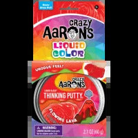 A tin of red Crazy Aaron's Thinking Putty labeled Flowing Lava next to its colorful rainbow packaging.