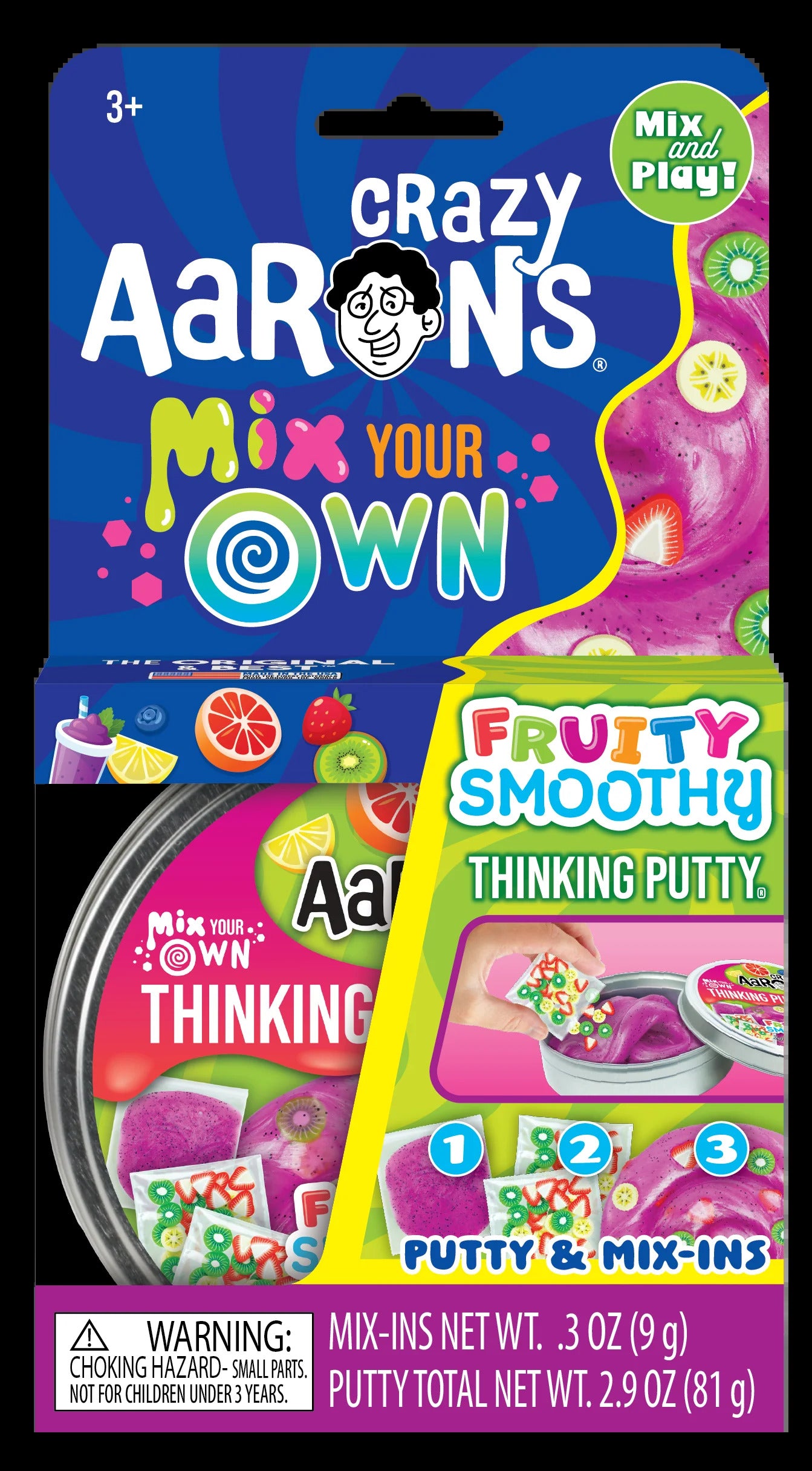Crazy Aaron's Mix Your Own Fruity Smoothy Thinking Putty kit with purple putty and fruit-shaped charms.