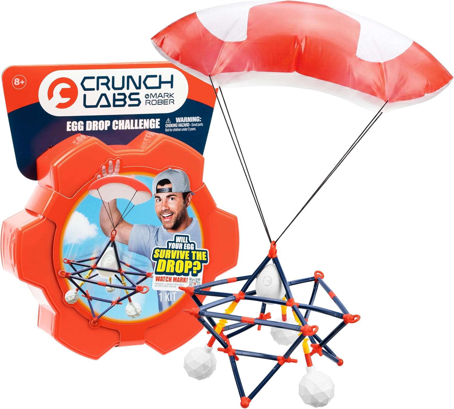 Crunch Labs Egg Drop Challenge kit featuring orange packaging, a parachute, and a blue and red geometric lander structure.