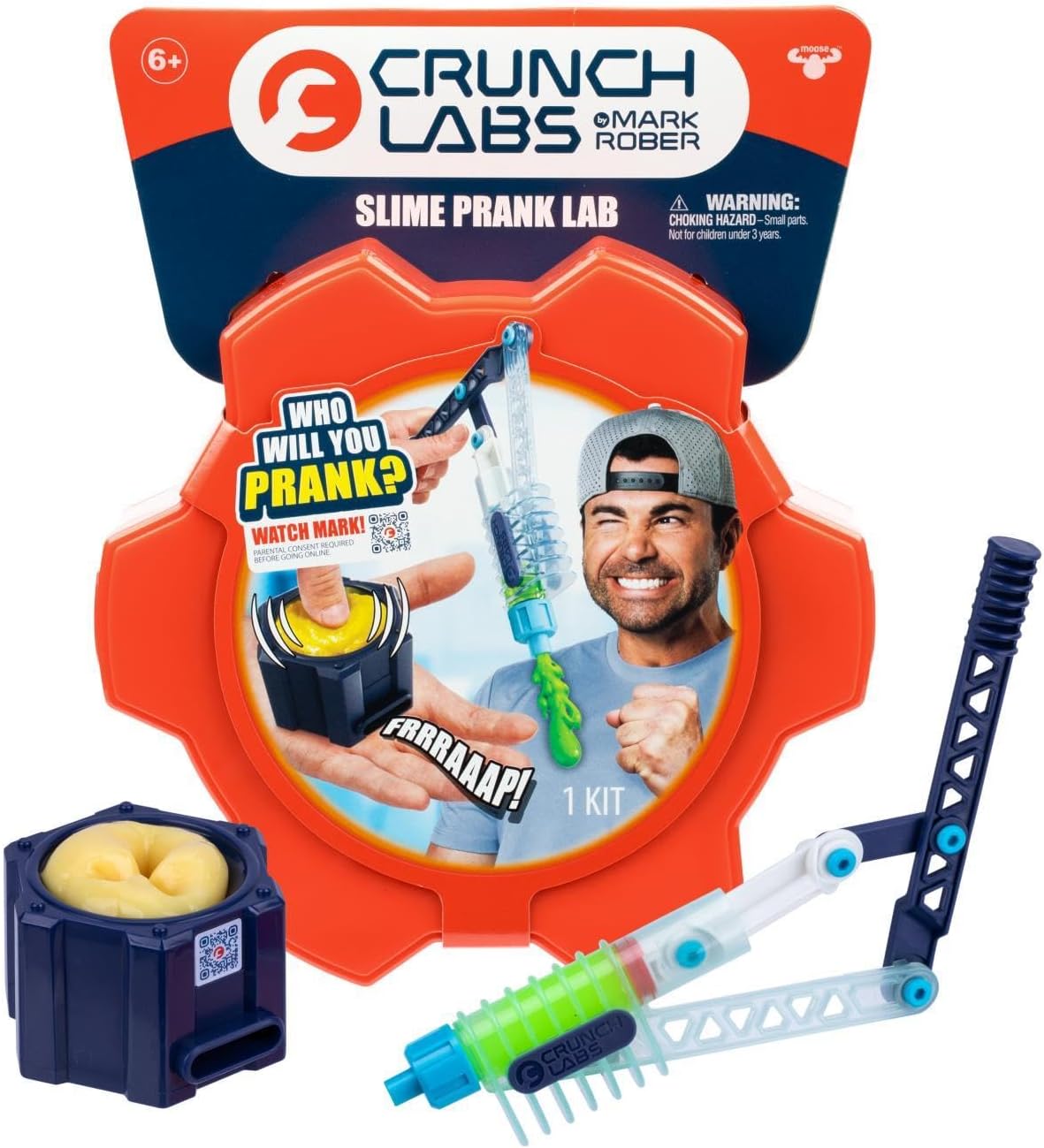 Orange packaging for a Slime Prank Lab featuring a blue mechanical launcher and a pot of yellow slime.