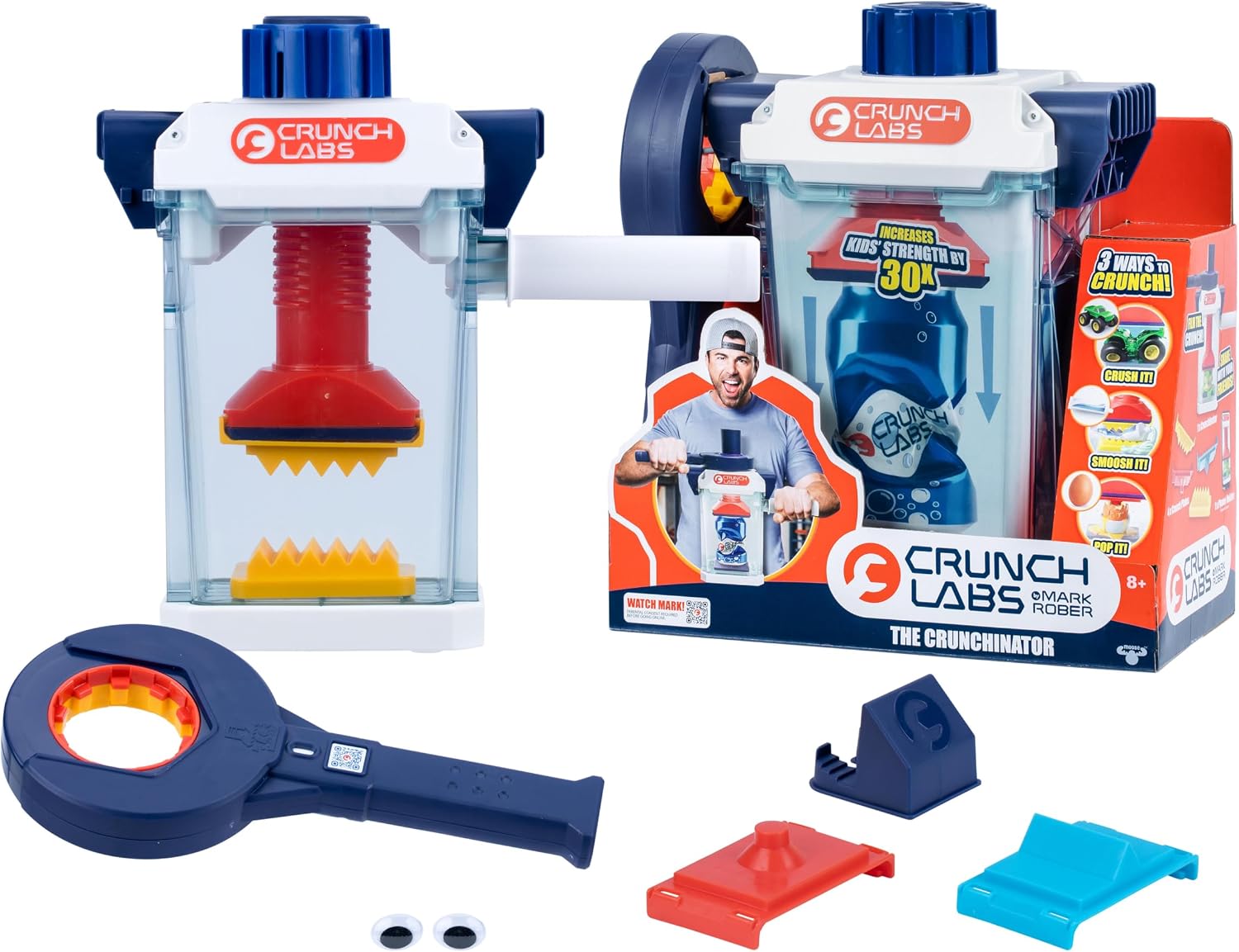 Crunch Labs Crunchinator toy with clear crushing chamber, red screw mechanism, blue wrench, and three colorful plates.