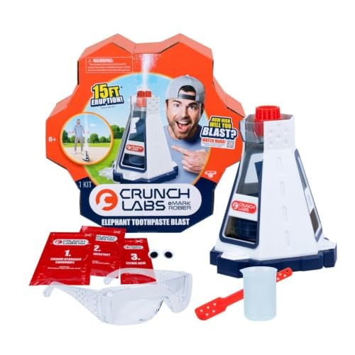 Crunch Labs Elephant Toothpaste Blast science kit with orange packaging, white blast tower, goggles, and beaker.
