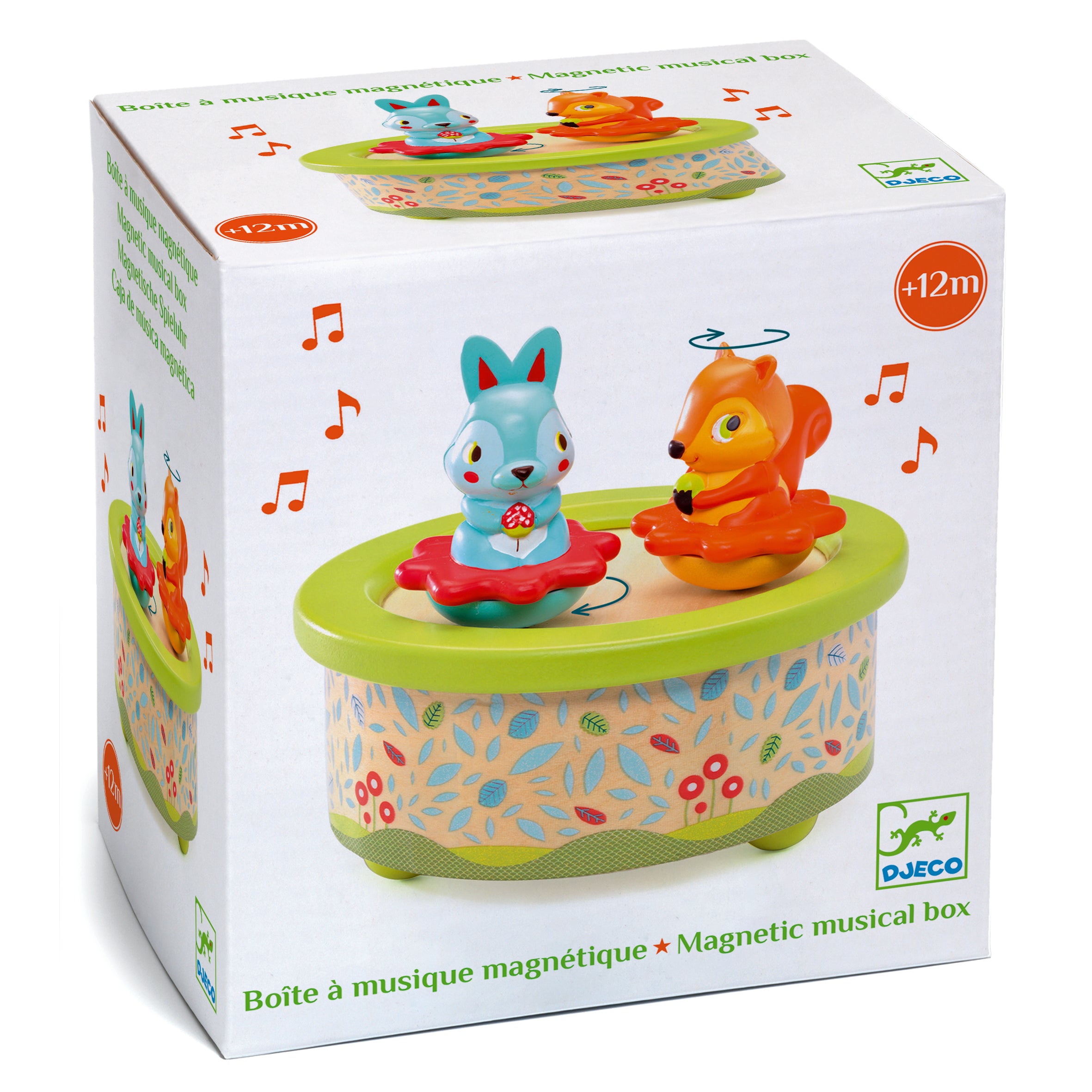 Packaging for a Djeco magnetic musical box featuring a blue rabbit and orange squirrel on a floral base.