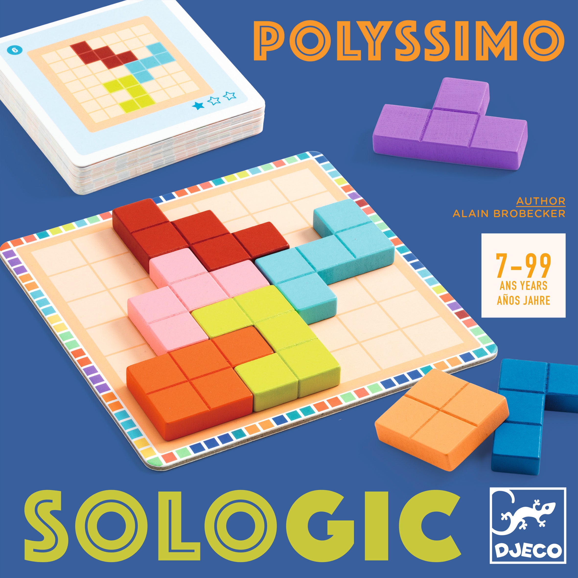 Colorful wooden geometric shapes on a square grid board next to a stack of challenge cards for the Polyssimo game.