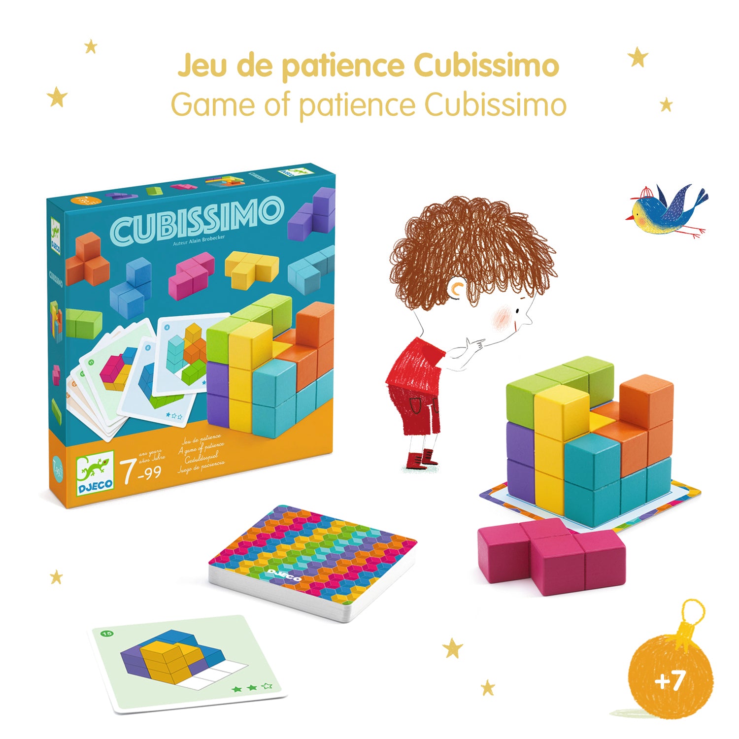 Djeco Cubissimo game packaging with colorful 3D L-shaped blocks and logic challenge cards.