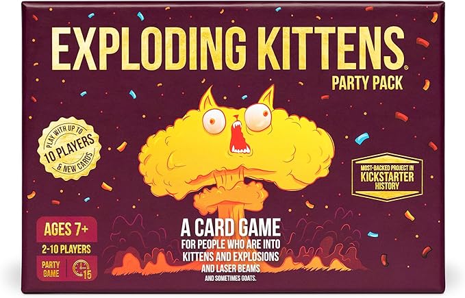 Maroon box of Exploding Kittens Party Pack featuring a cartoon yellow kitten exploding into a mushroom cloud.