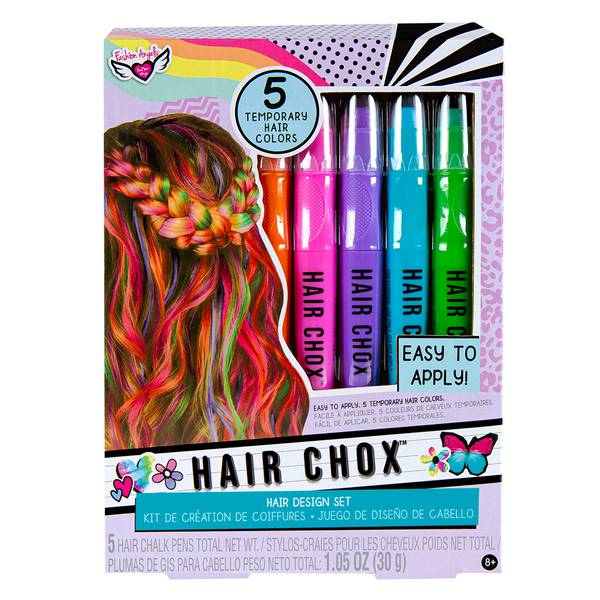 Retail packaging for Hair Chox Hair Design Set featuring five neon chalk pens and a girl with rainbow-braided hair.
