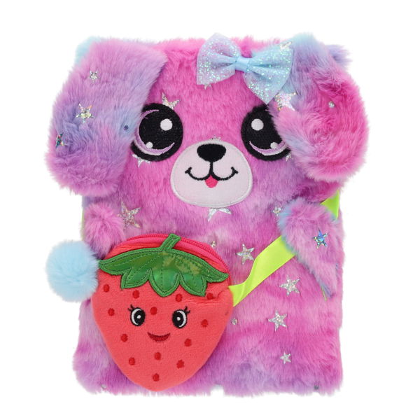 Pink and purple fuzzy dog notebook with a blue glitter bow, silver stars, and a small red strawberry pouch.