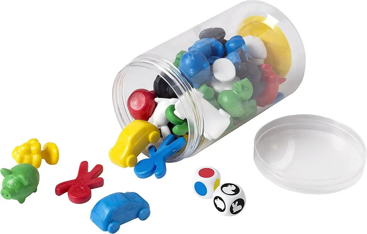 Colorful toy animals and cars spill from a clear jar next to dice with colors and animal icons.