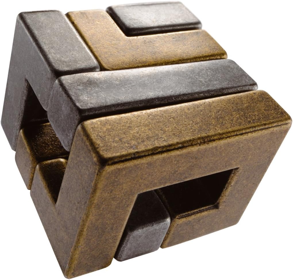Interlocking metal cube puzzle with textured bronze and dark grey pieces joined in a complex geometric shape.