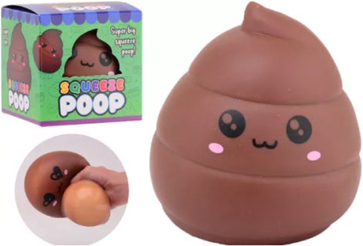 A brown poop-shaped squeeze toy with a cute face next to a hand squeezing it to reveal a large beige bubble.