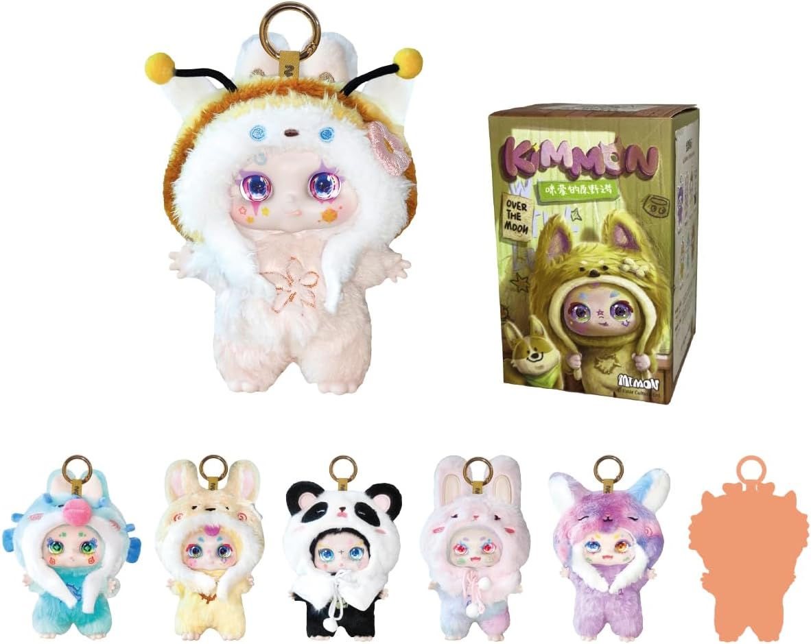 A variety of colorful Kimmon Over the Moon plush keychains with animal hoods next to their blind box packaging.