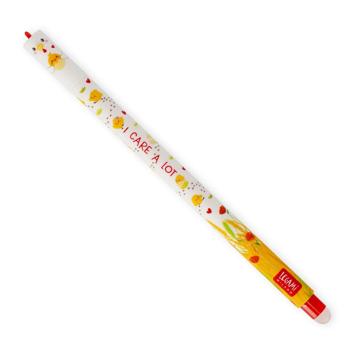 A white erasable pen decorated with yellow chicks, red poppies, and the text 'I CARE A LOT'.