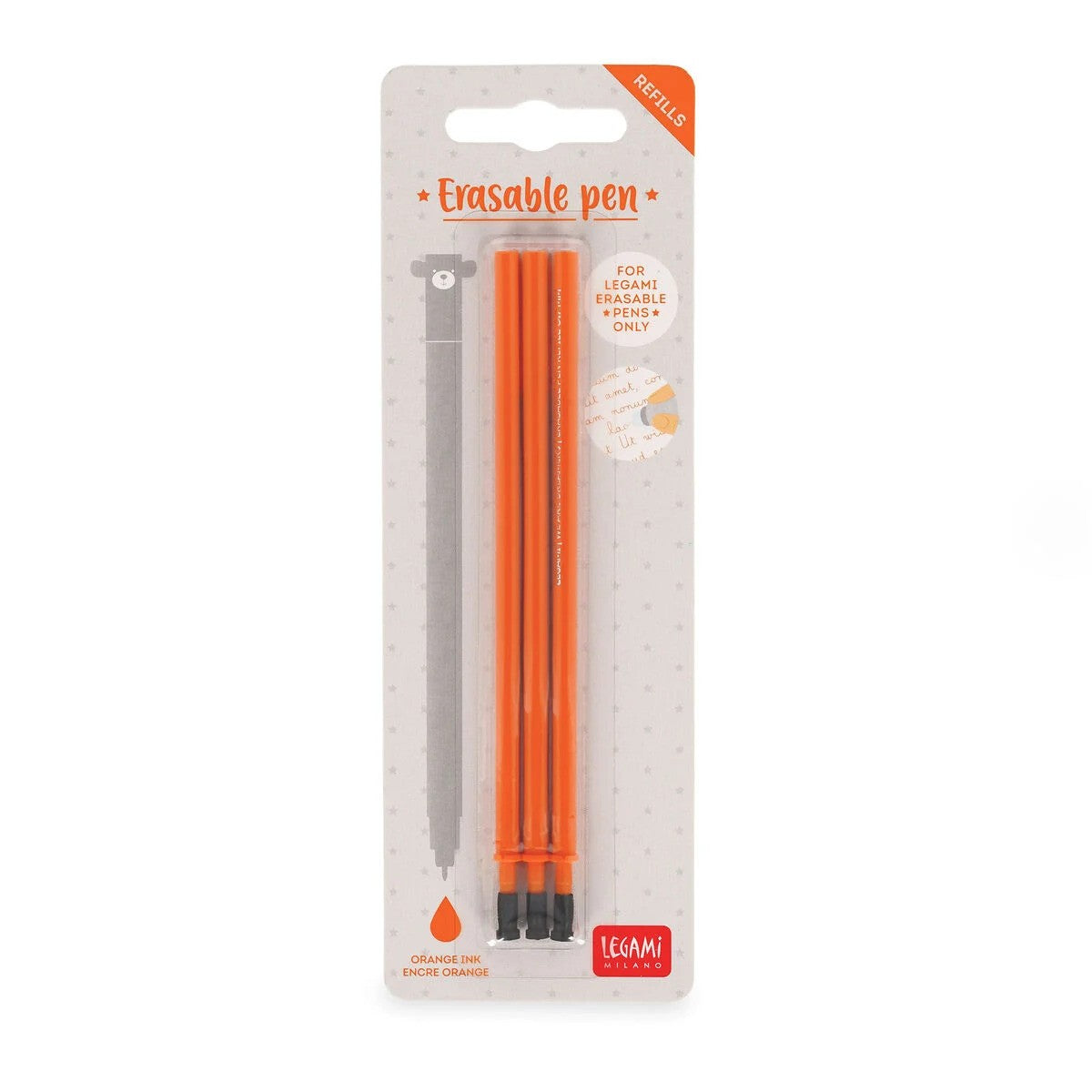 Pack of three orange erasable pen refills for Legami pens on a white and orange hanging card.
