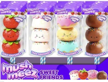 Four sets of Mush Meez Taba Squishies featuring strawberry, marshmallow, donut, and chocolate-themed characters.