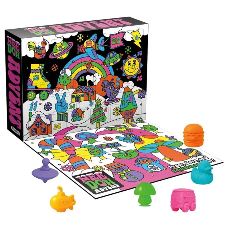 Colorful advent calendar box and mat with neon illustrations and various small squishy toys in the foreground.