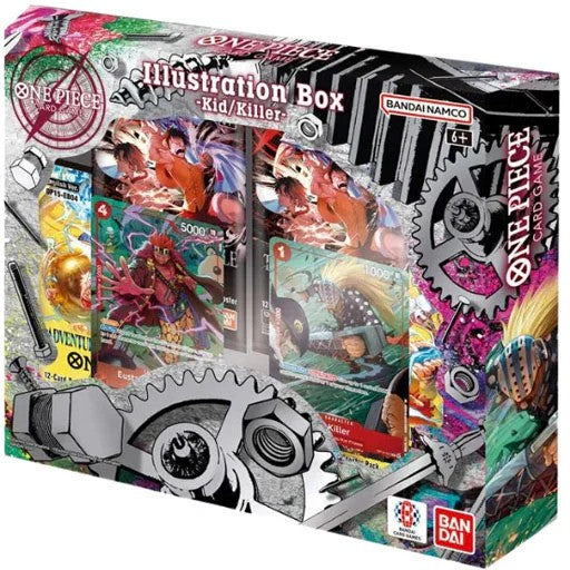 One Piece Card Game Illustration Box featuring Kid and Killer with promo cards and gear-themed graphics on the packaging.