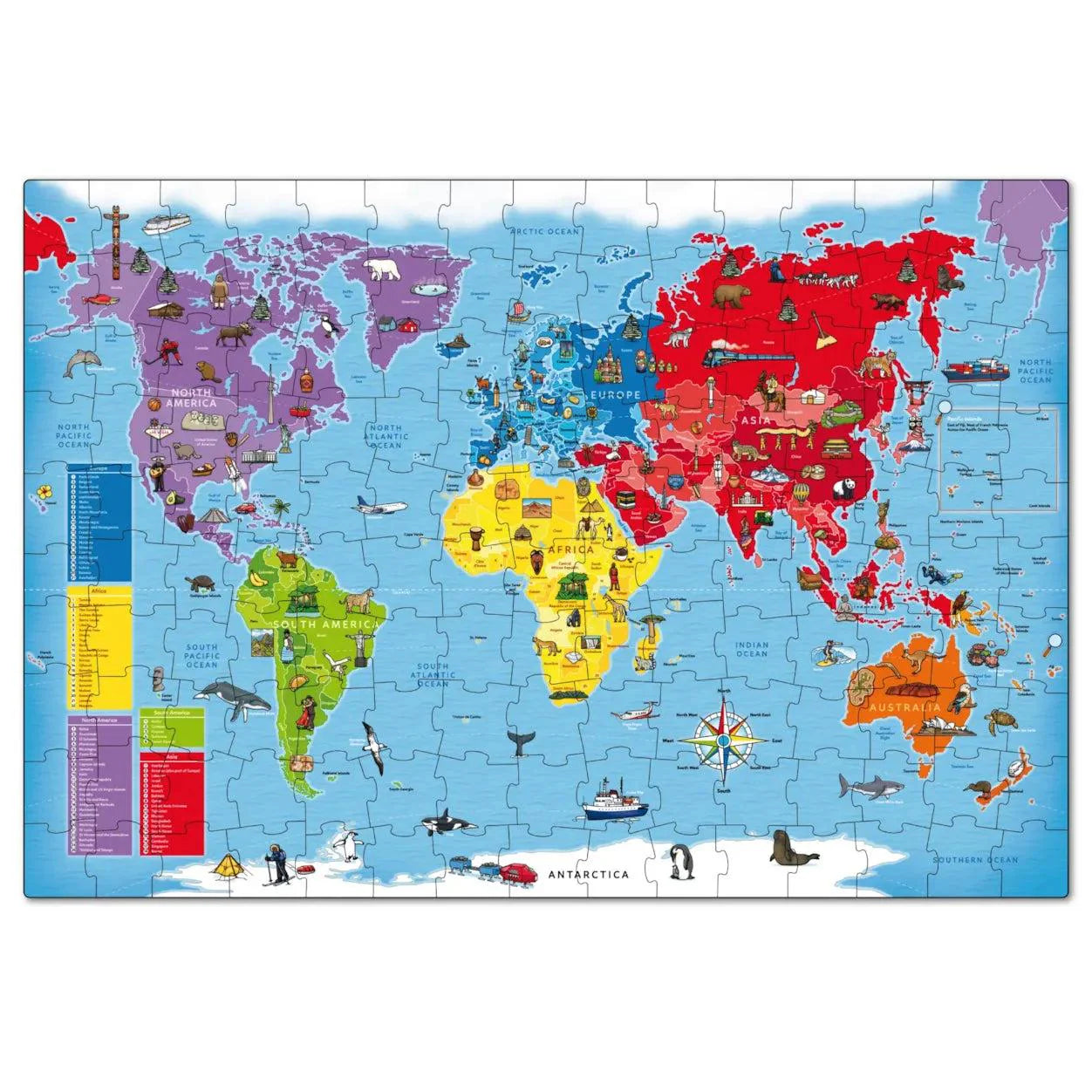 Assembled colorful world map jigsaw puzzle featuring animals and landmarks on bright color-coded continents.