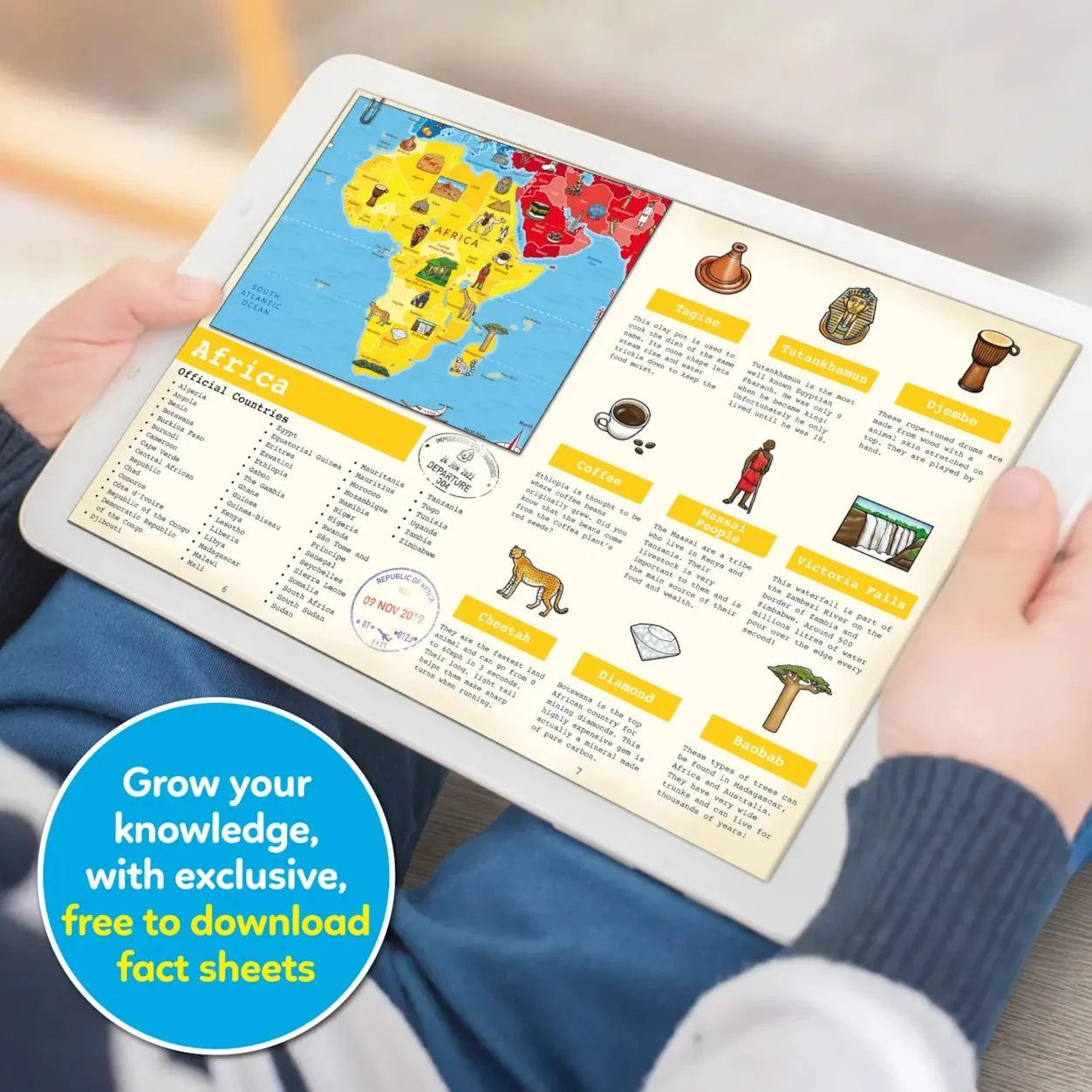 Hands holding a colorful Africa fact sheet with a map, cultural illustrations, and educational text boxes.