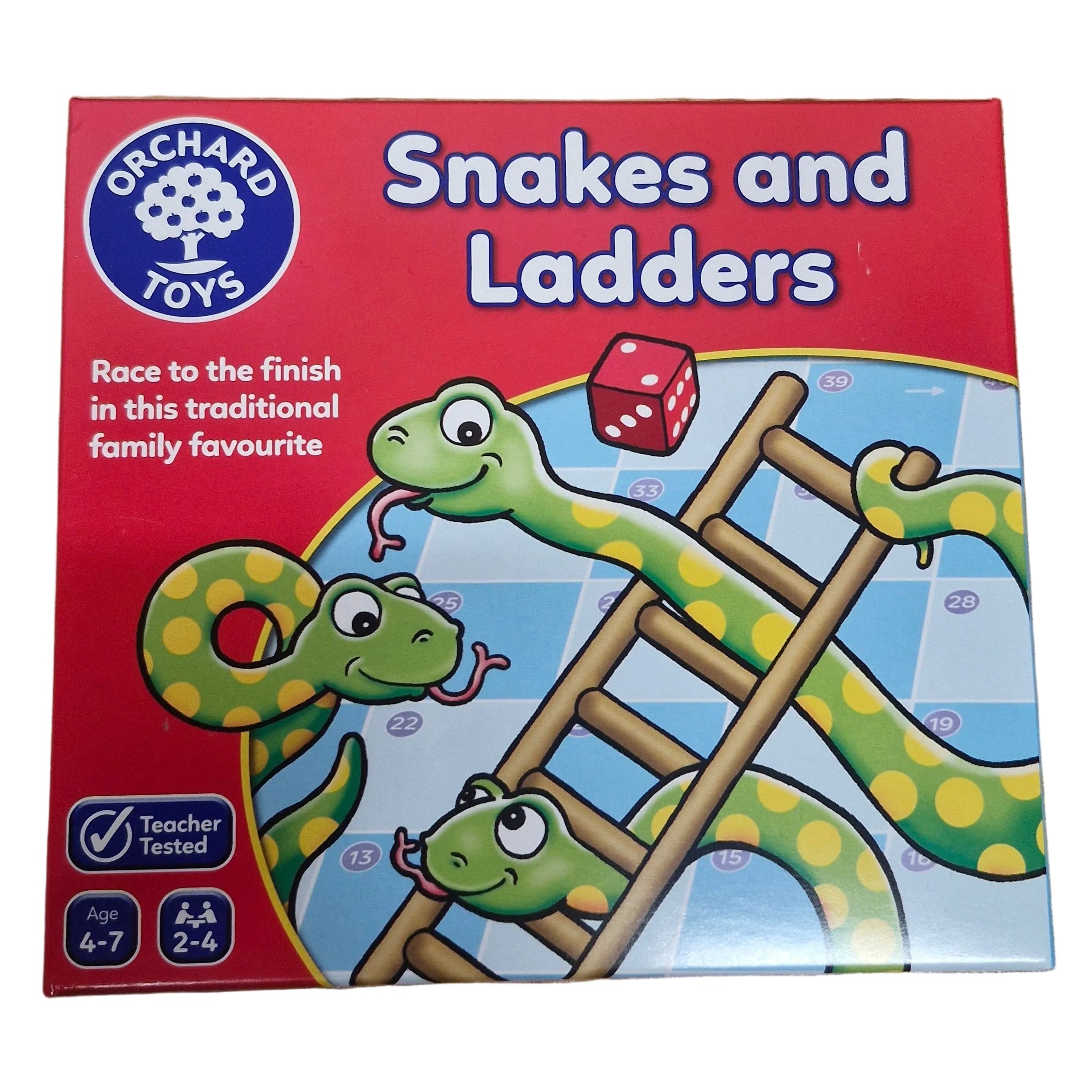 A red box for the Orchard Toys Snakes and Ladders game featuring cartoon snakes, a wooden ladder, and a red die.
