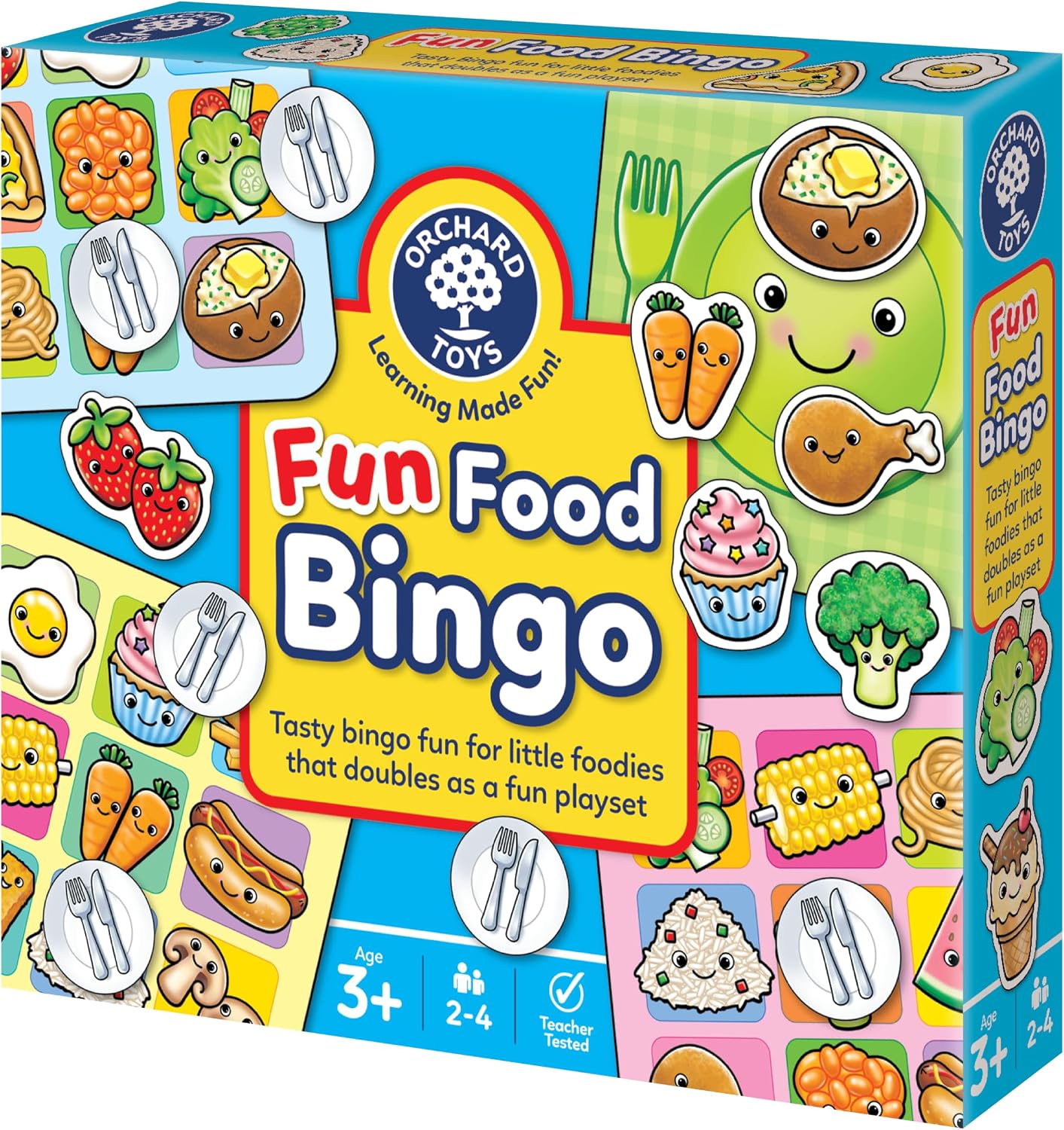 Orchard Toys Fun Food Bingo box featuring colorful illustrated food characters and place setting bingo boards.