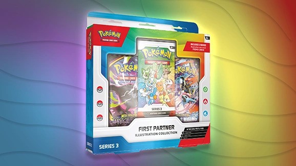 Pokémon First Partner Illustration Collection Series 3 box set showing three booster packs and card energy symbols.