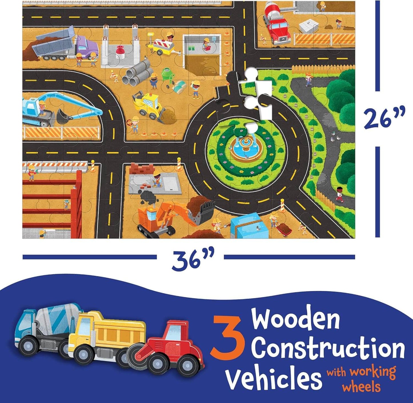 Puzzle & Play: Construction Site - Floor Jigsaw Puzzle - Includes 3 Wooden Construction Vehicles