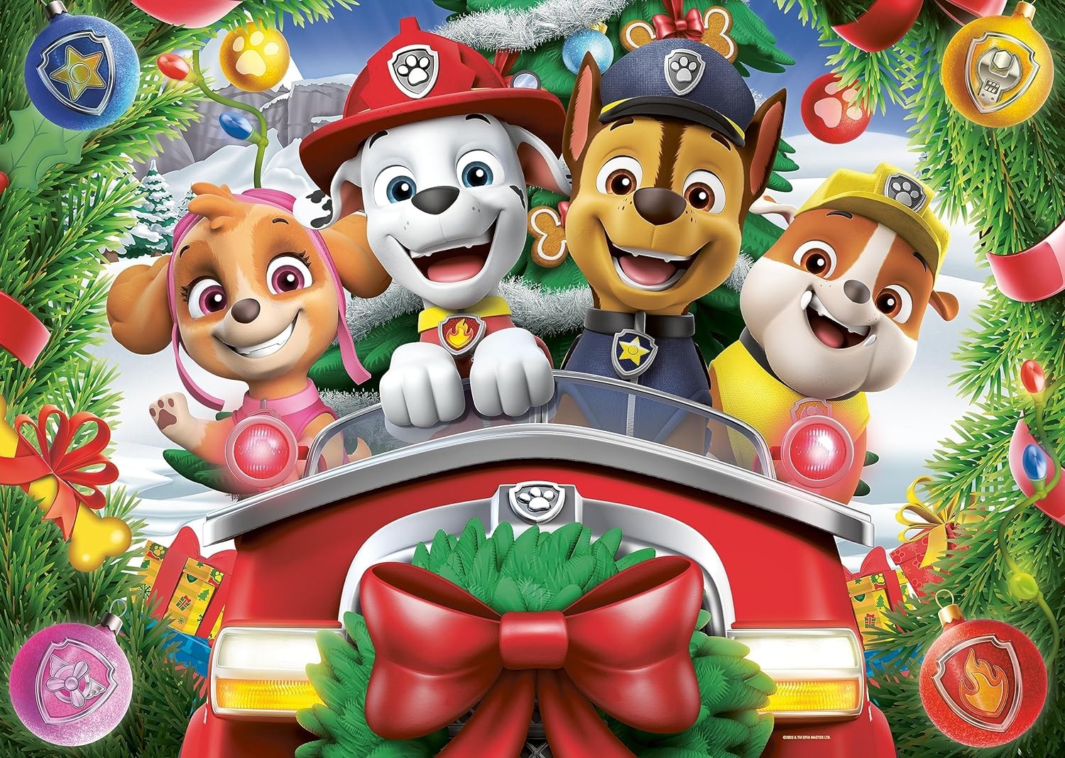 Skye, Marshall, Chase, and Rubble in a red Christmas truck with a large bow and wreath against a snowy backdrop.