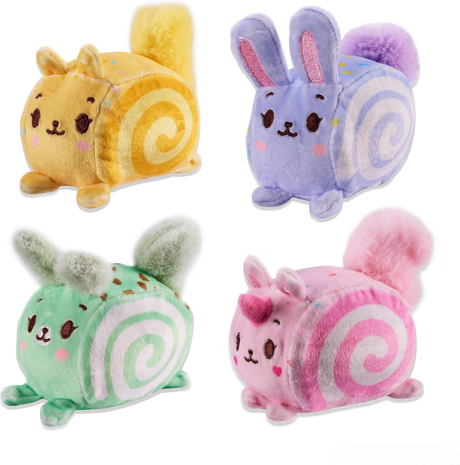 Four pastel-colored plush toys shaped like cake rolls with animal ears and fluffy tails.