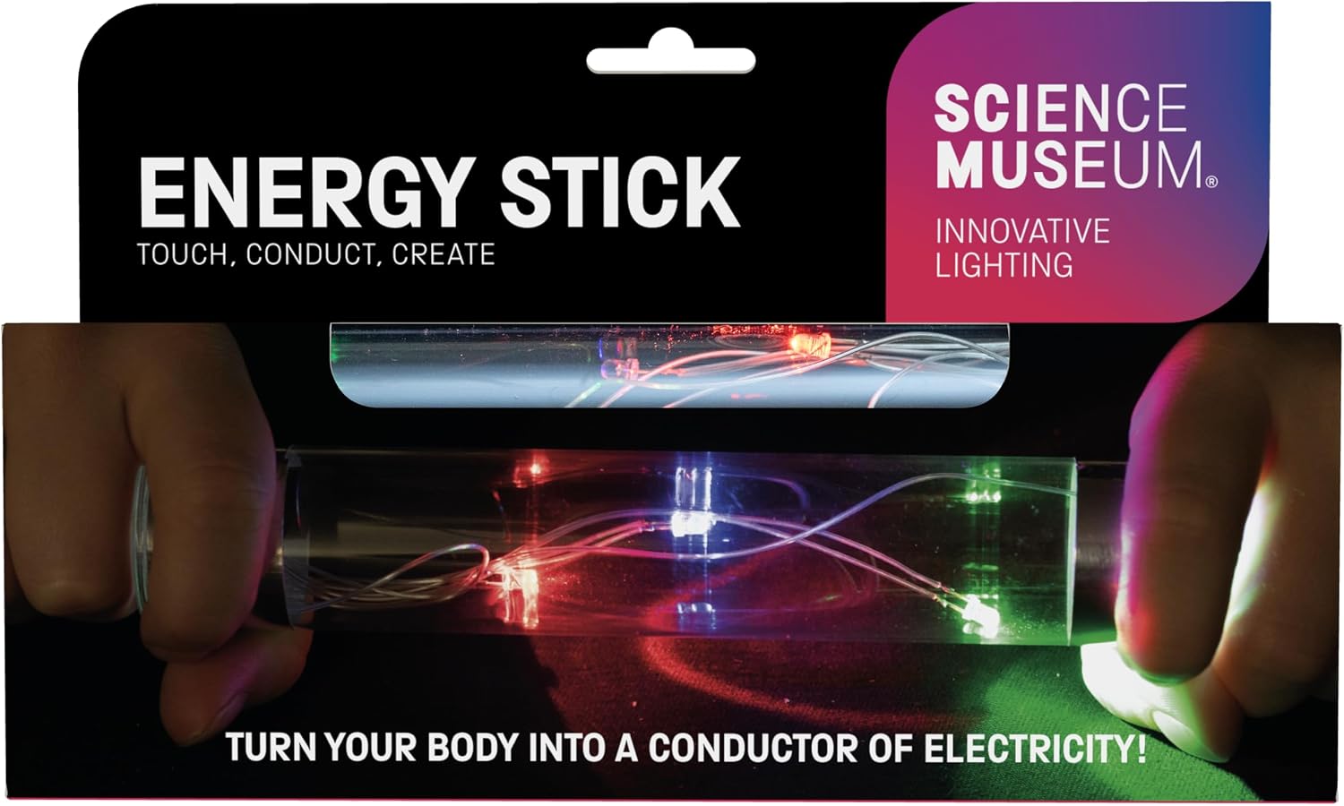 Science Museum Energy Stick in packaging, showing hands touching ends to light up internal red and green LEDs.