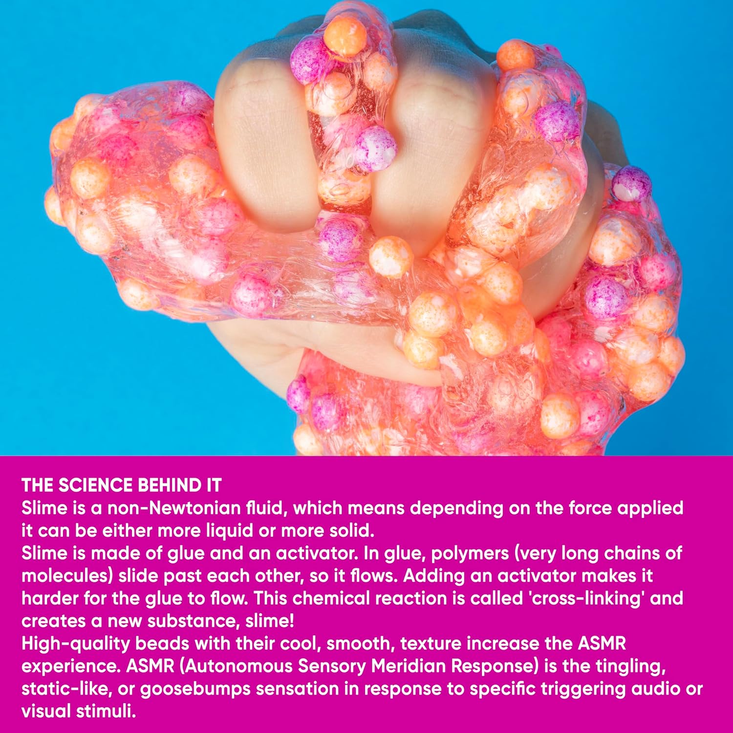 Hand squeezing pink translucent slime with orange and pink beads. Text below explains slime science and ASMR.
