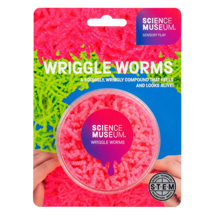 A clear tub of pink textured Science Museum Wriggle Worms compound on a bright pink, green, and blue backing card.