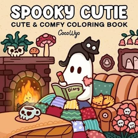 Cover of the Spooky Cutie coloring book featuring a ghost writing in a diary and a black cat by a fireplace.