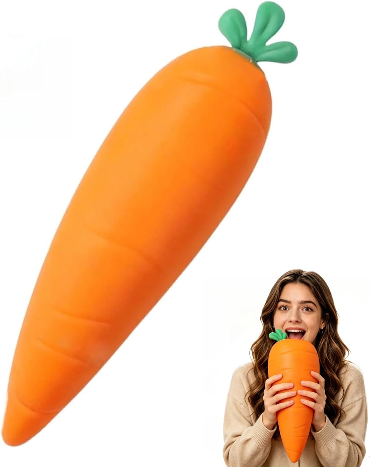 Large orange carrot-shaped squishy toy with green leaves held by a person showing its jumbo size.