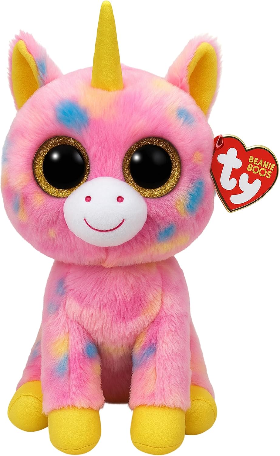 Pink plush unicorn toy with large gold glitter eyes, a gold horn, and multi-colored patches.