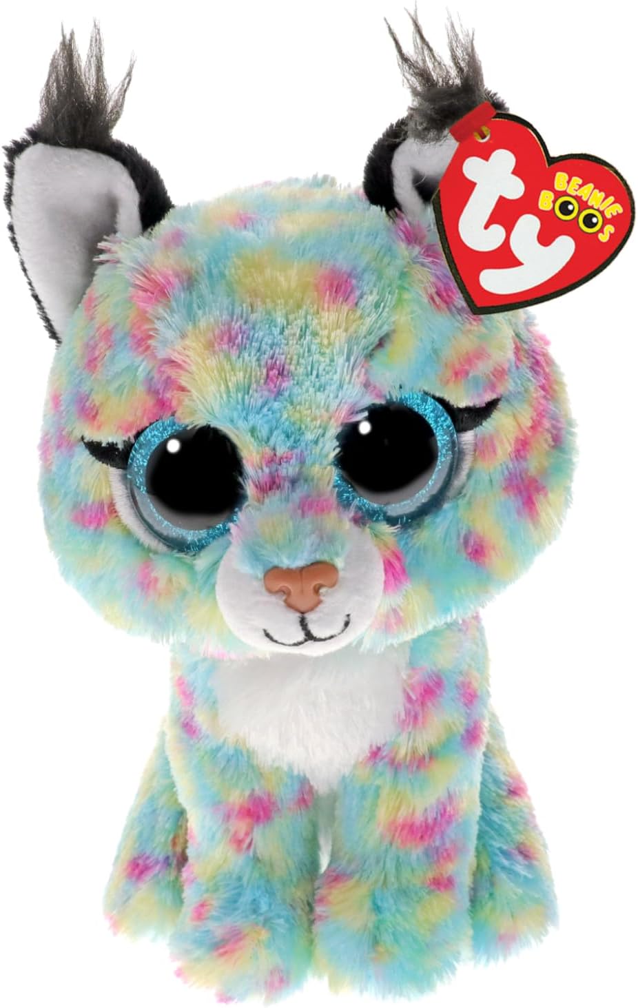 Rainbow spotted Ty Beanie Boo lynx plush with big blue glittery eyes and black tufted ears.