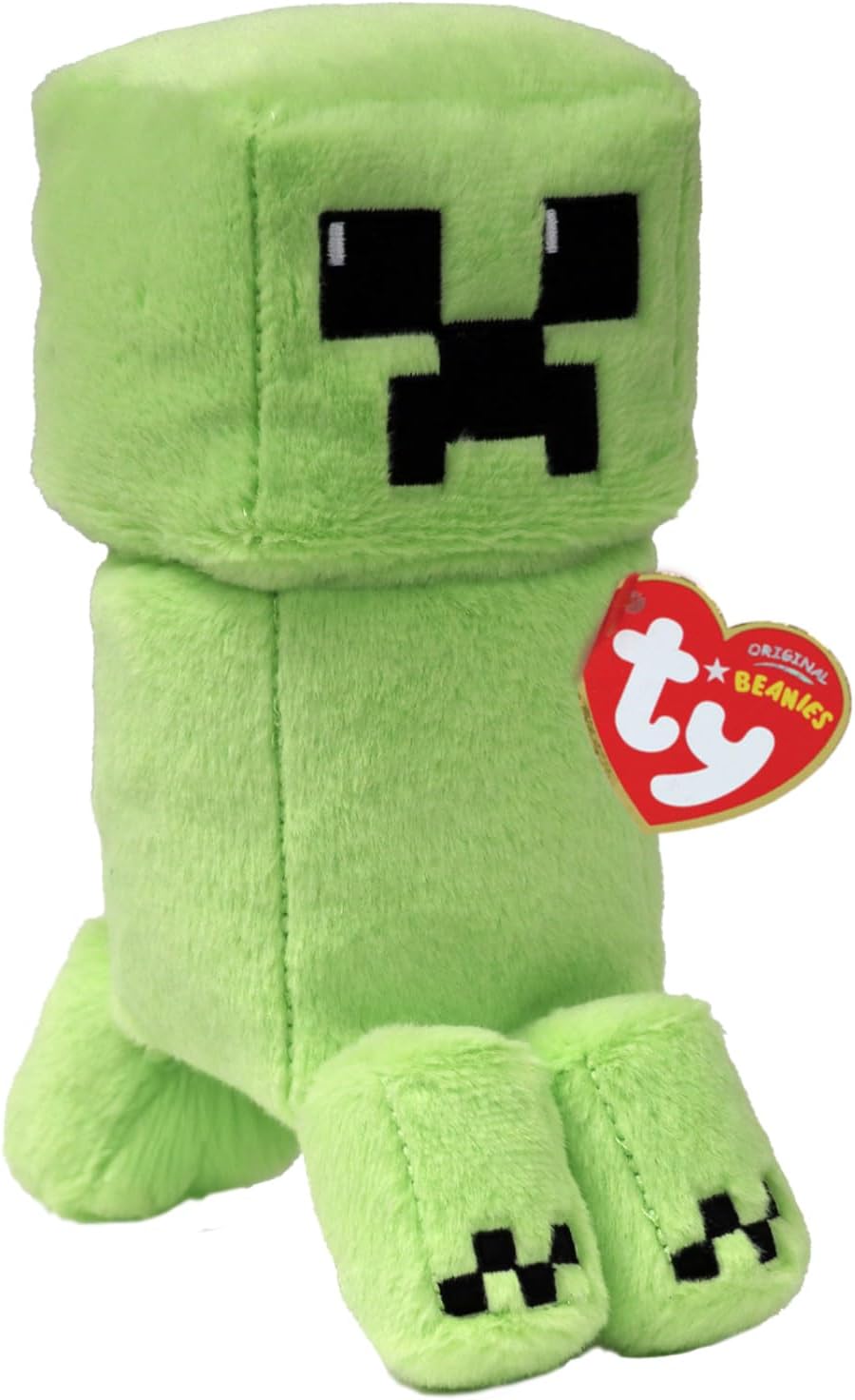Green pixelated Minecraft Creeper plush toy with a red heart-shaped Ty Beanie tag attached to its side.