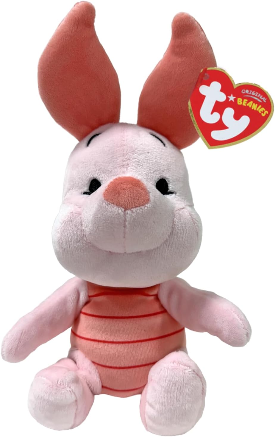 A pink Piglet plush toy with large ears and a red striped torso, featuring a red Ty Beanie heart tag.