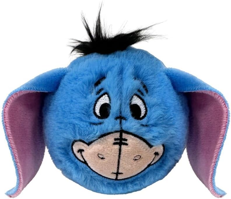 Round blue plush toy of Eeyore's head with long pink-lined ears and a tuft of black hair.